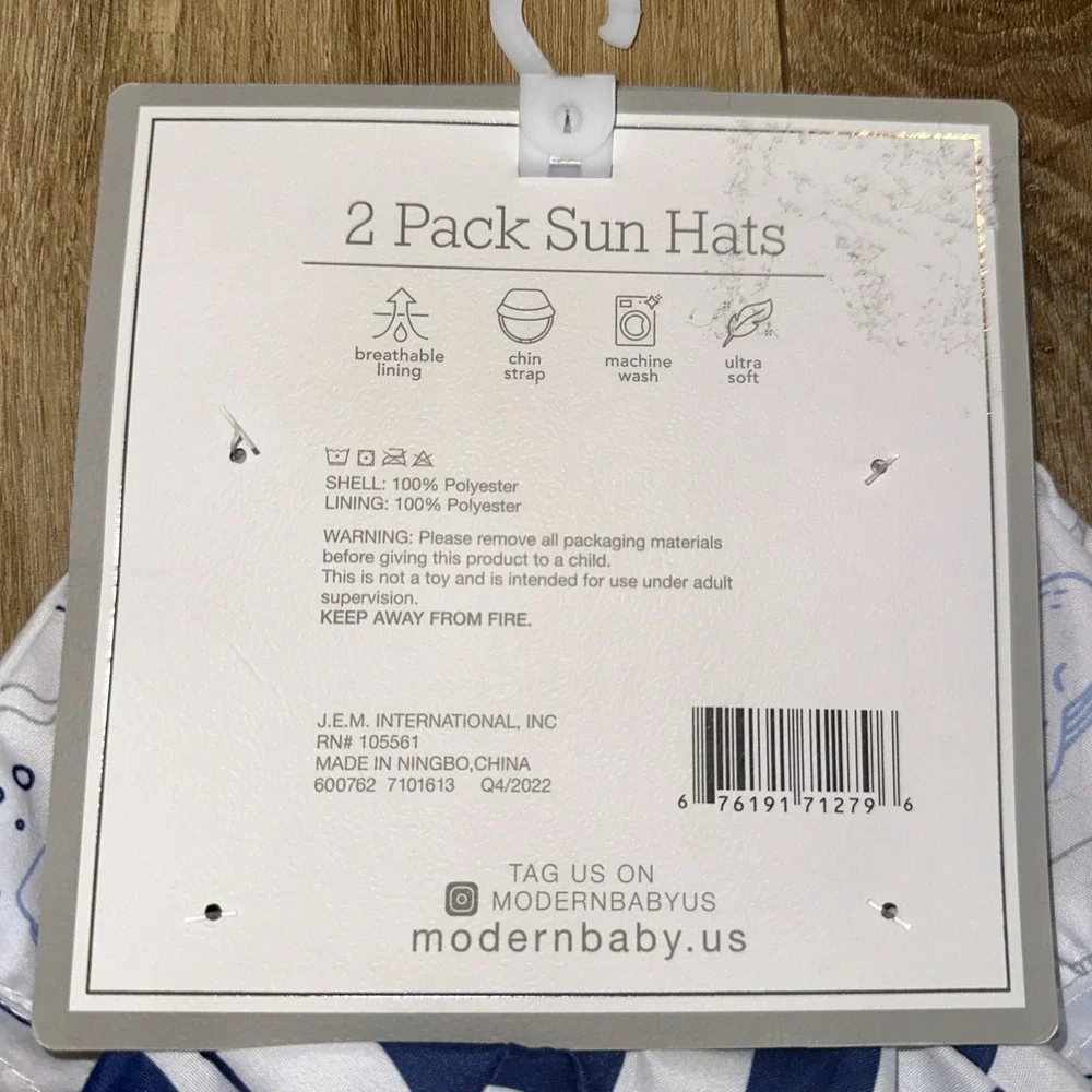 Modern Baby 2 Pack Sun Hats Breathable Lining‎ Chin Strap Wide Brim 12-18 Mo UPF